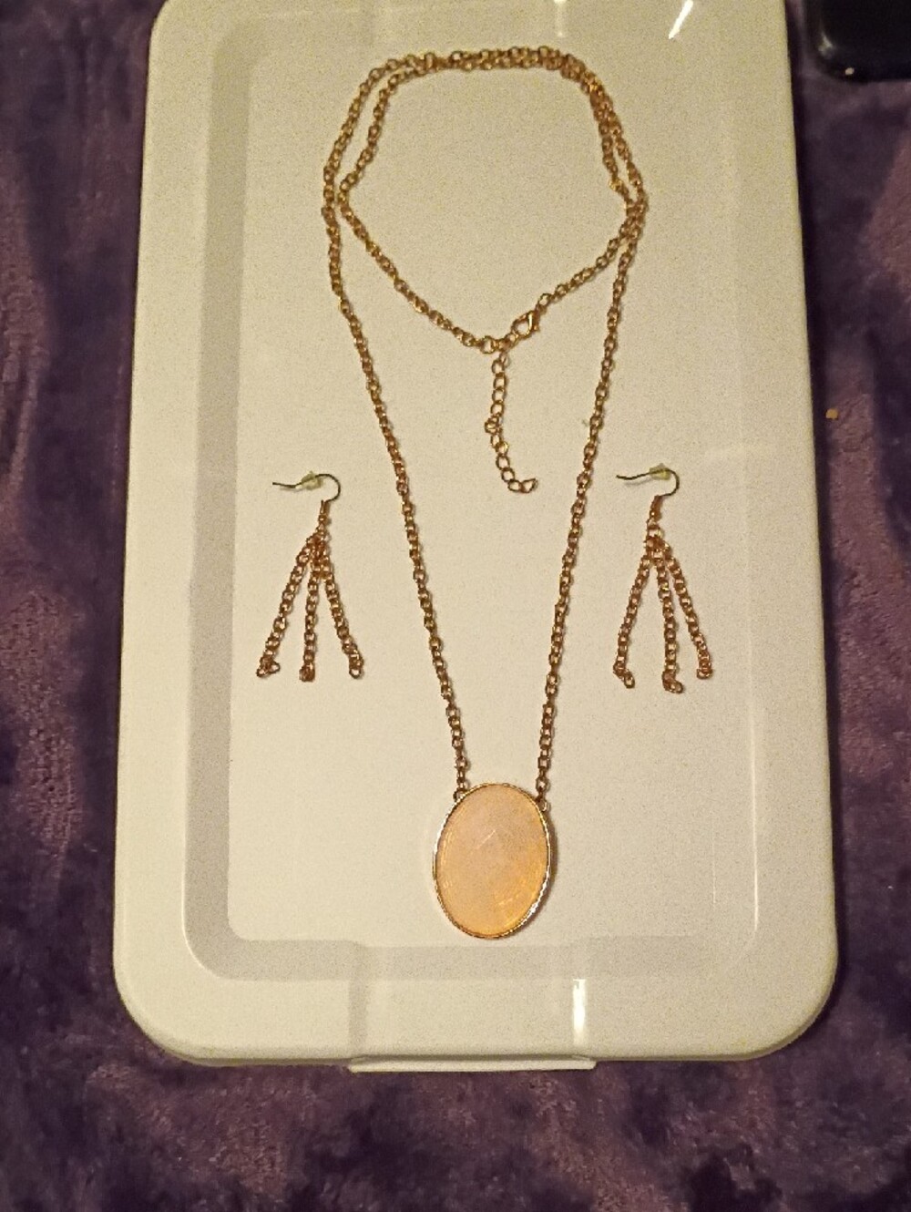 Gold Chain Necklace with Pale Pink Oval Pendant and Matching Earrings